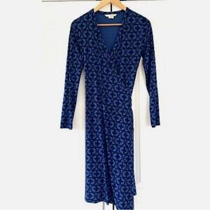 Boden Wrap Dress Blue Jersey Print Long Sleeve Stretch Printed Size 10